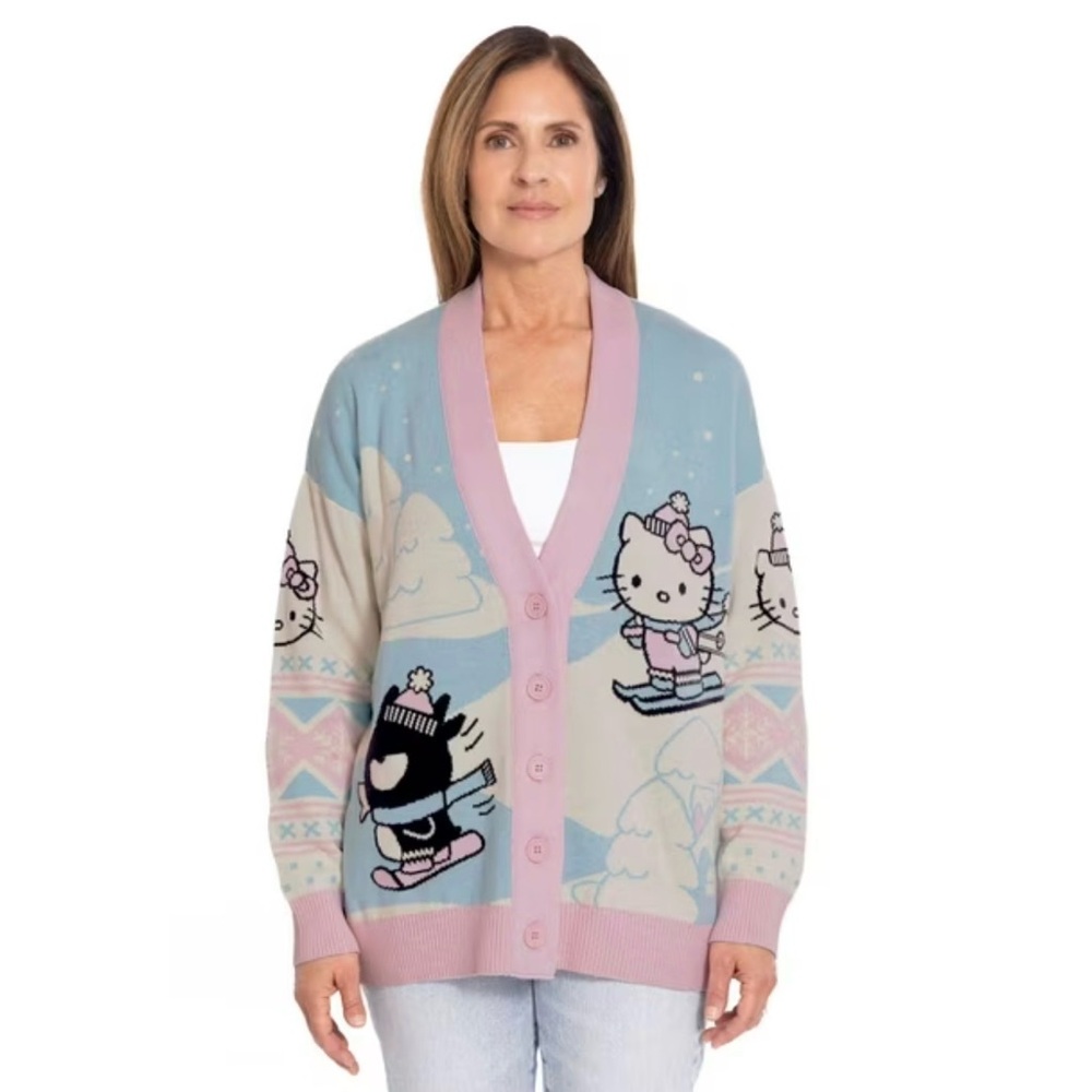 Hello Kitty Pastel Blue and Pink Cardigan medium chunky buttons loose fit